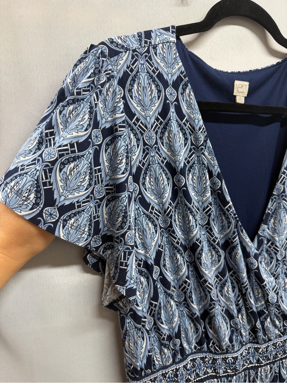 LOFT Beach Blue Paisley Maxi Dress Wrap Empire Waist Boho Short Sleeve Large - Picture 5 of 7